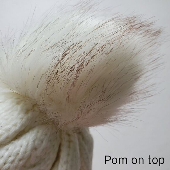 LCZTN White Cable Knit Fleece Lined Pom Beanie Cap OS - Picture 6 of 11